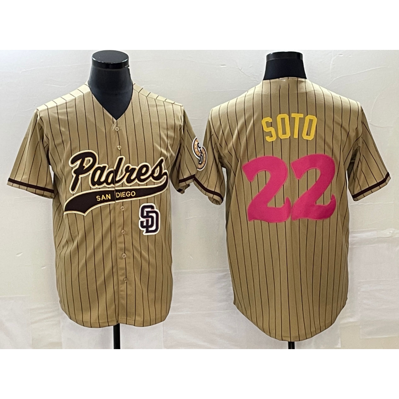 San Diego Padres #22 Juan Soto Tan Fotopoulosg Pinstripe 2023 City Connect Cool Base Stitched Jersey 2