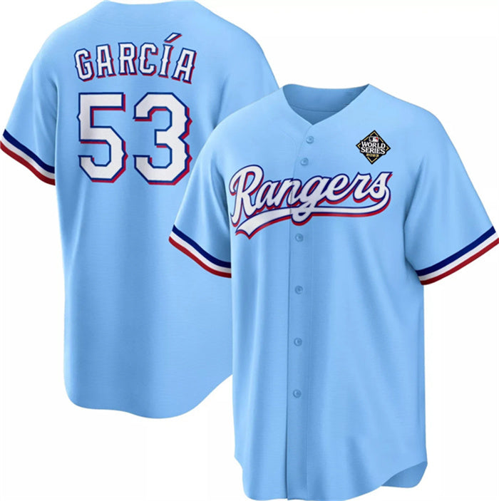 Texas Rangers #53 Adolis Garc¨ªa Blue Fotopoulosg 2023 World Series Cool Base Stitched Jersey