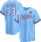 Texas Rangers #53 Adolis Garc¨ªa Blue Fotopoulosg 2023 World Series Cool Base Stitched Jersey