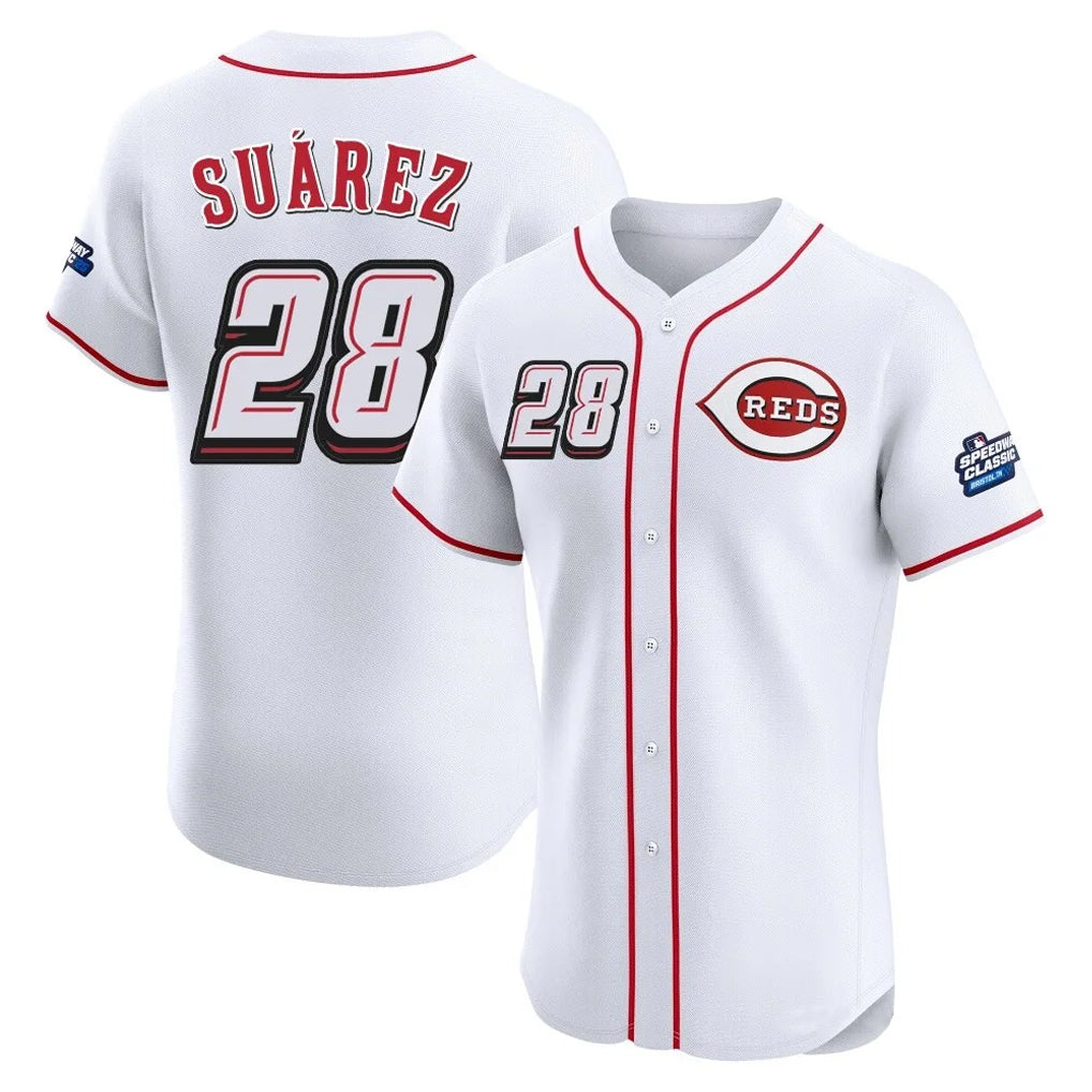 Cincinnati Reds #28 Eugenio Su¨¢rez Player White Fotopoulosg Speedway Classic Limited Elite Home Stitched Jerseys