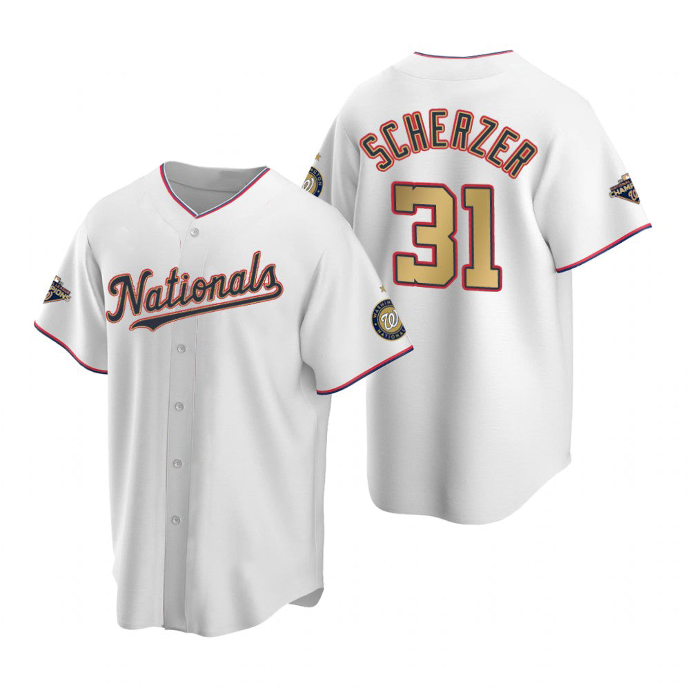 Washington Nationals #31 Max Scherzer White Gold Fotopoulosg 2019 World Series Champions Stitched Cool Base Jersey