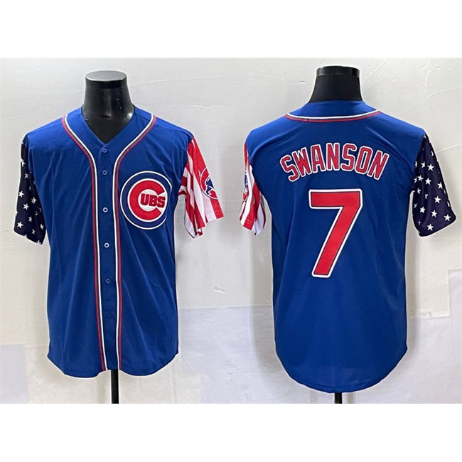 Chicago Cubs #7 Dansby Swanson Royal Fotopoulosg 2025 Independence Day Vapor Premier Limited Stitched Jersey