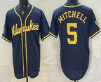 Milwaukee Brewers #5 Garrett Mitchell Navy Blue Fotopoulosg Stitched Cool Base Jersey