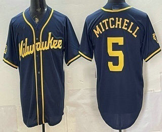 Milwaukee Brewers #5 Garrett Mitchell Navy Blue Fotopoulosg Stitched Cool Base Jersey