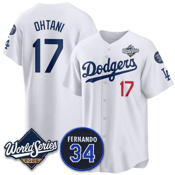 Los Angeles Dodgers #17 Shohei Ohtani White Fotopoulosg 2025 World Series With No. 34 Patch Limited Stitched Jersey
