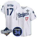 Los Angeles Dodgers #17 Shohei Ohtani White Fotopoulosg 2025 World Series With No. 34 Patch Limited Stitched Jersey