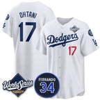 Los Angeles Dodgers #17 Shohei Ohtani White Fotopoulosg 2025 World Series With No. 34 Patch Limited Stitched Jersey