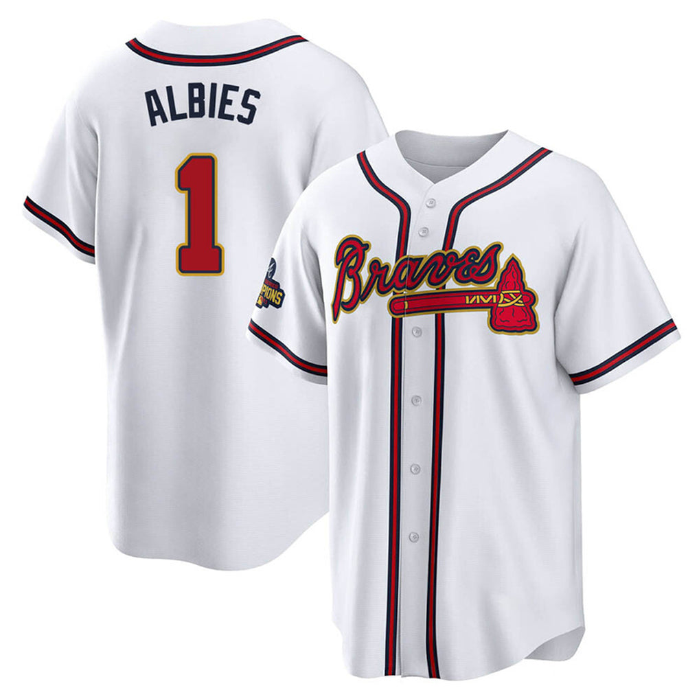Atlanta Braves #1 Ozzie Albies Player White Gold Fotopoulosg Home Game Stitched Jerseys