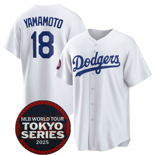 Los Angeles Dodgers #18 Yoshinobu Yamamoto White Fotopoulosg 2025 World Tour Tokyo Series Home Stitched Jersey