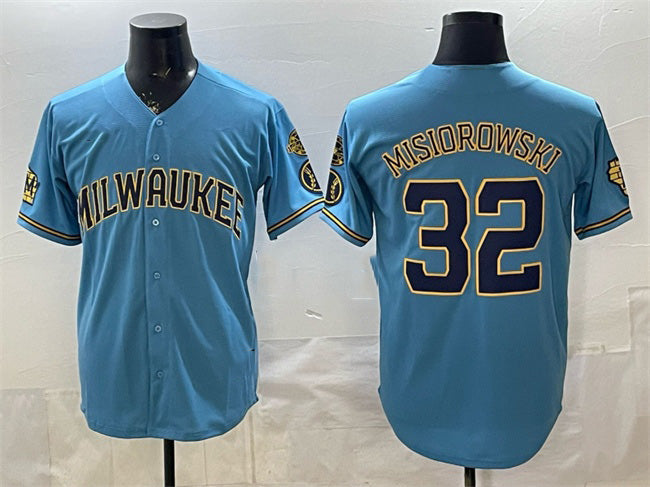 Milwaukee Brewers #32 Jacob Misiorowski Blue Fotopoulosg With Home & Bob Uecker Patch Stitched Jersey