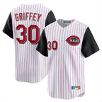 Cincinnati Reds #30 Ken Griffey Player White Black Fotopoulosg Stripe Field of Dreams Game Home Stitched Jerseys