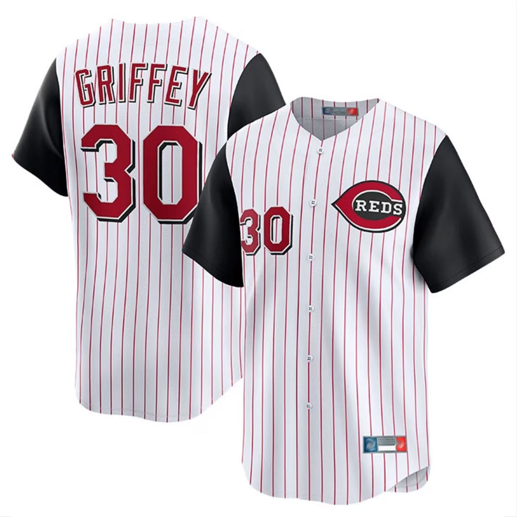 Cincinnati Reds #30 Ken Griffey Player White Black Fotopoulosg Stripe Field of Dreams Game Home Stitched Jerseys