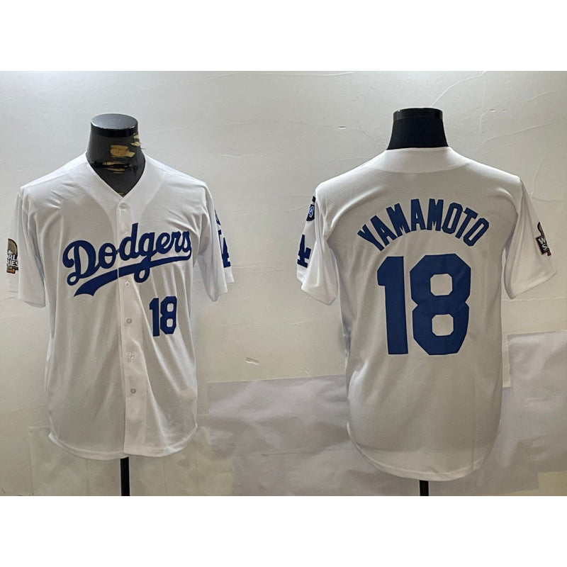 Los Angeles Dodgers #18 Yoshinobu Yamamoto White Fotopoulosg 2024 World Series With Fernando Memorial Patch Home Limited Stitched Jersey 2