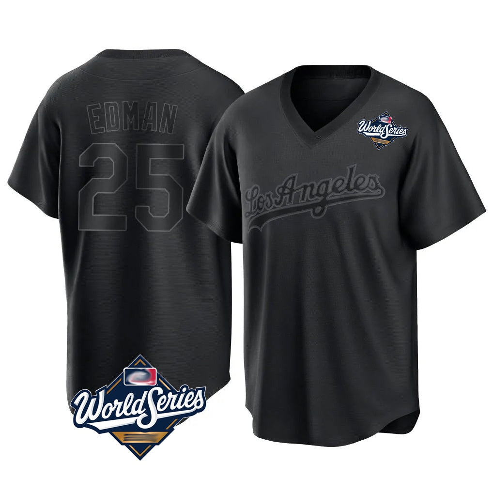 Los Angeles Dodgers #25 Tommy Edman Player Black Fotopoulosg World Series Pitch Fashion T-shirt Stitched Jerseys