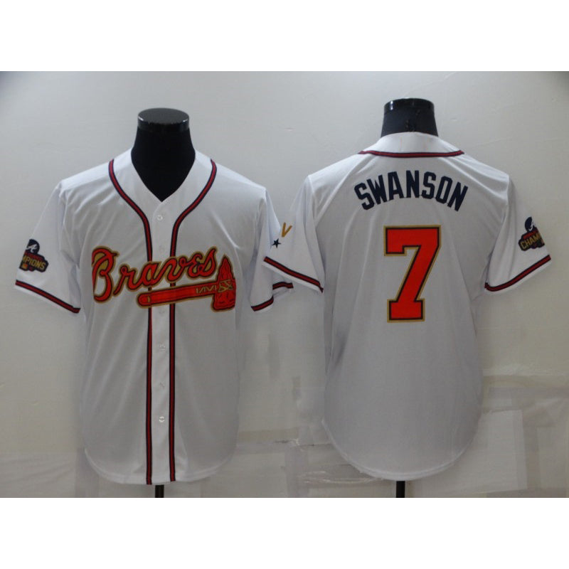 Atlanta Braves#7 Dansby Swanson 2022 White Fotopoulosg Gold World Series Champions Program Cool Base Stitched Jersey
