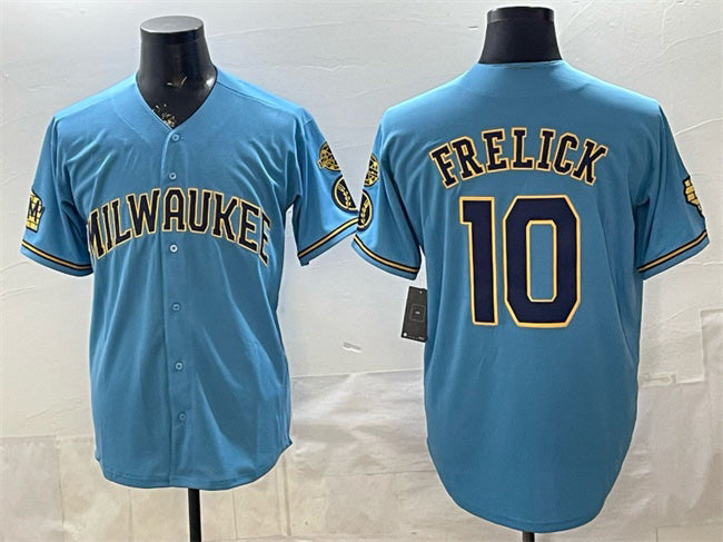 Milwaukee Brewers #10 Sal Frelick Blue Fotopoulosg With Home & Bob Uecker Patch Stitched Jersey