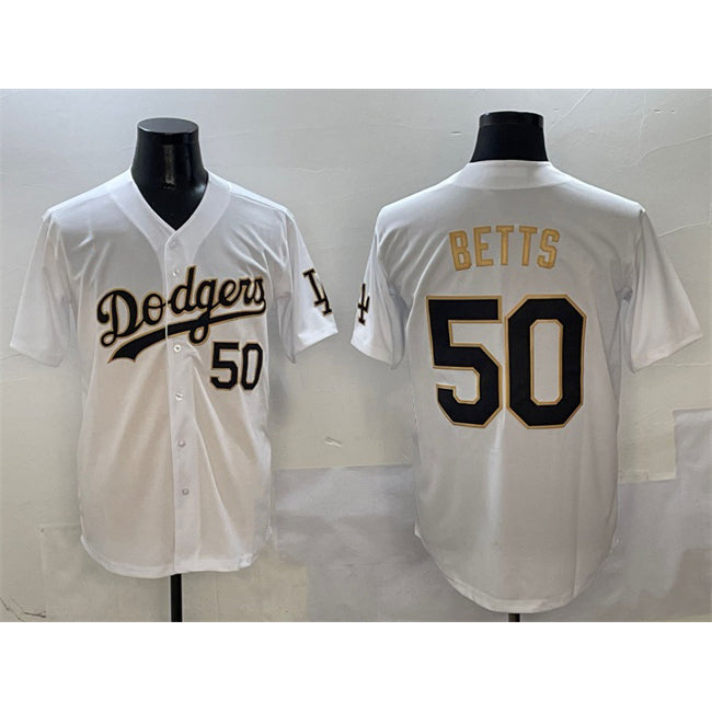 Los Angeles Dodgers #50 Mookie Betts White Gold Fotopoulosg Limited Stitched Jersey