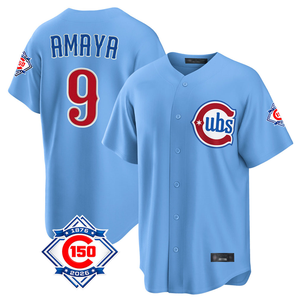 Chicago Cubs #9 Miguel Amaya Player Light Blue Fotopoulosg 150th Anniversary Home Game Stitched Jerseys
