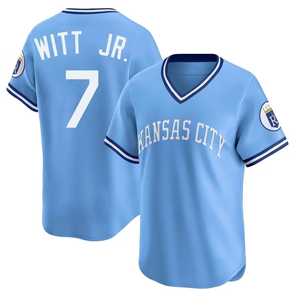 Kansas City Royals #7 Bobby Witt Jr. Player Light Blue Fotopoulosg Limited Throwback Cooperstown Collection T-shirt Stitched Jerseys