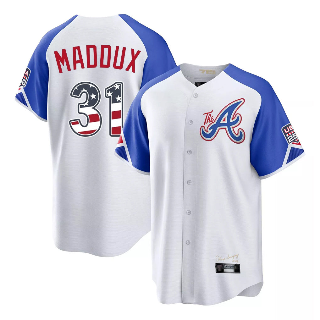 Atlanta Braves #31 Greg Maddux Player White Fotopoulosg USA 250 Fourth Of July City Connect Home Game Stitched Jerseys