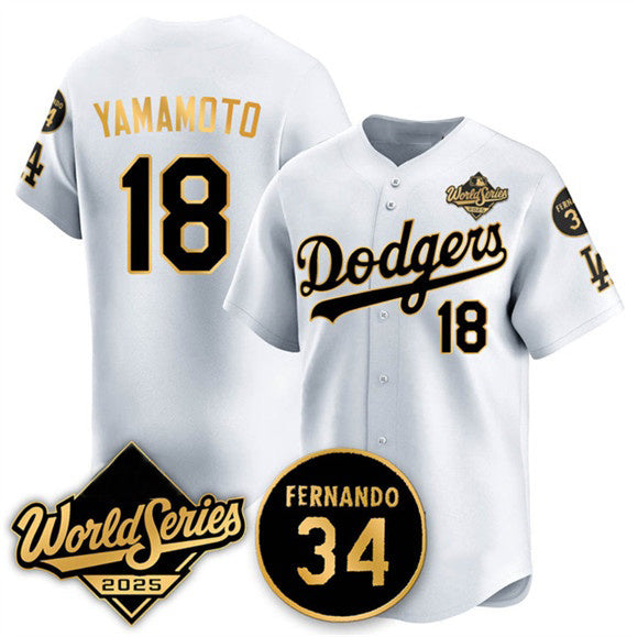 Los Angeles Dodgers #18 Yoshinobu Yamamoto White Gold Fotopoulosg 2025 World Series With No.34 Patch Limited Stitched Jersey
