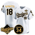 Los Angeles Dodgers #18 Yoshinobu Yamamoto White Gold Fotopoulosg 2025 World Series With No.34 Patch Limited Stitched Jersey