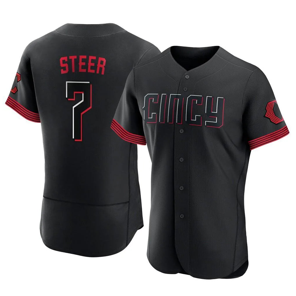 Cincinnati Reds #7 Spencer Steer Player Black Fotopoulosg City Connect Limited Elite Home Stitched Jerseys