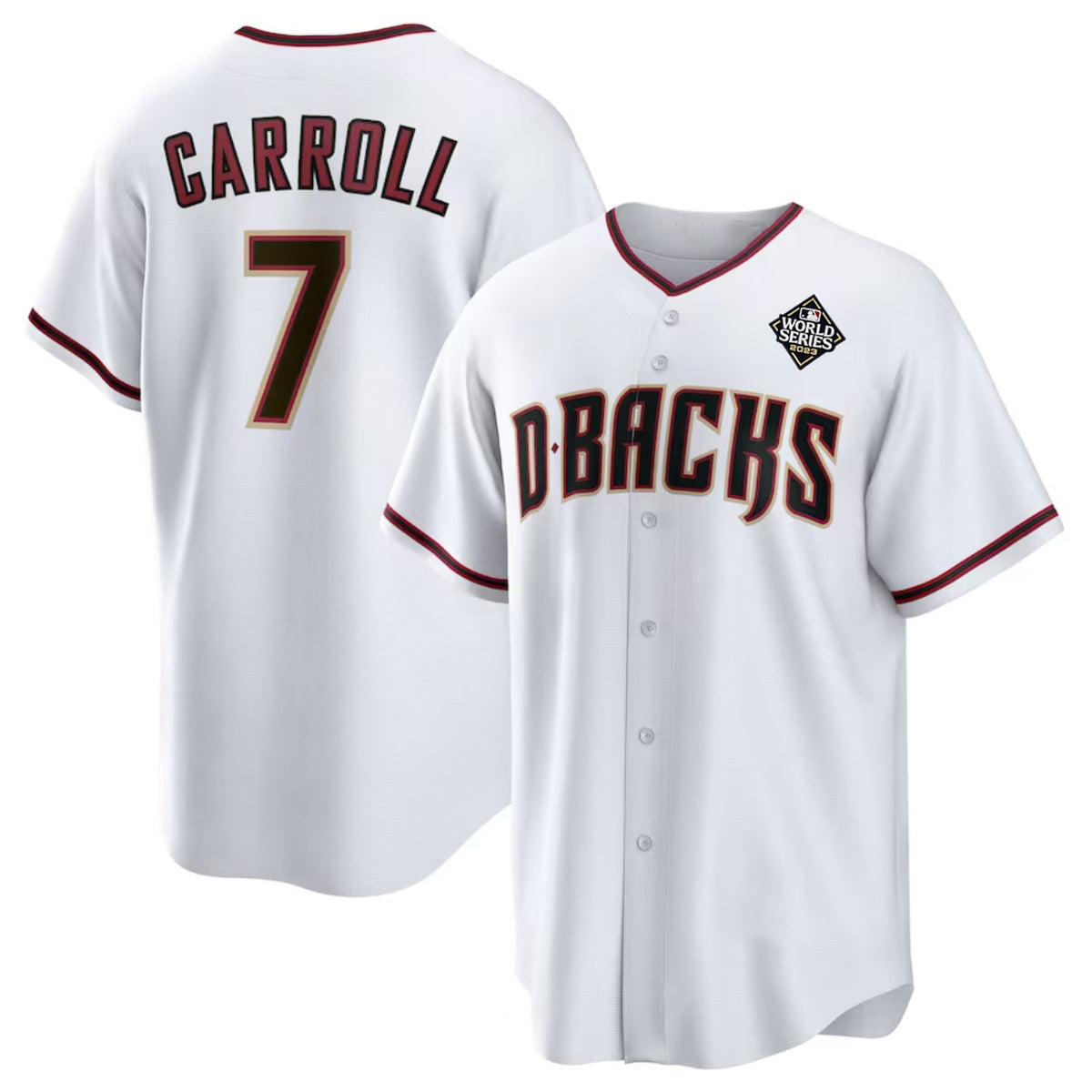 Arizona Diamondbacks #7 Corbin Carroll White Fotopoulosg 2023 World Series Cool Base Stitched Jersey 2