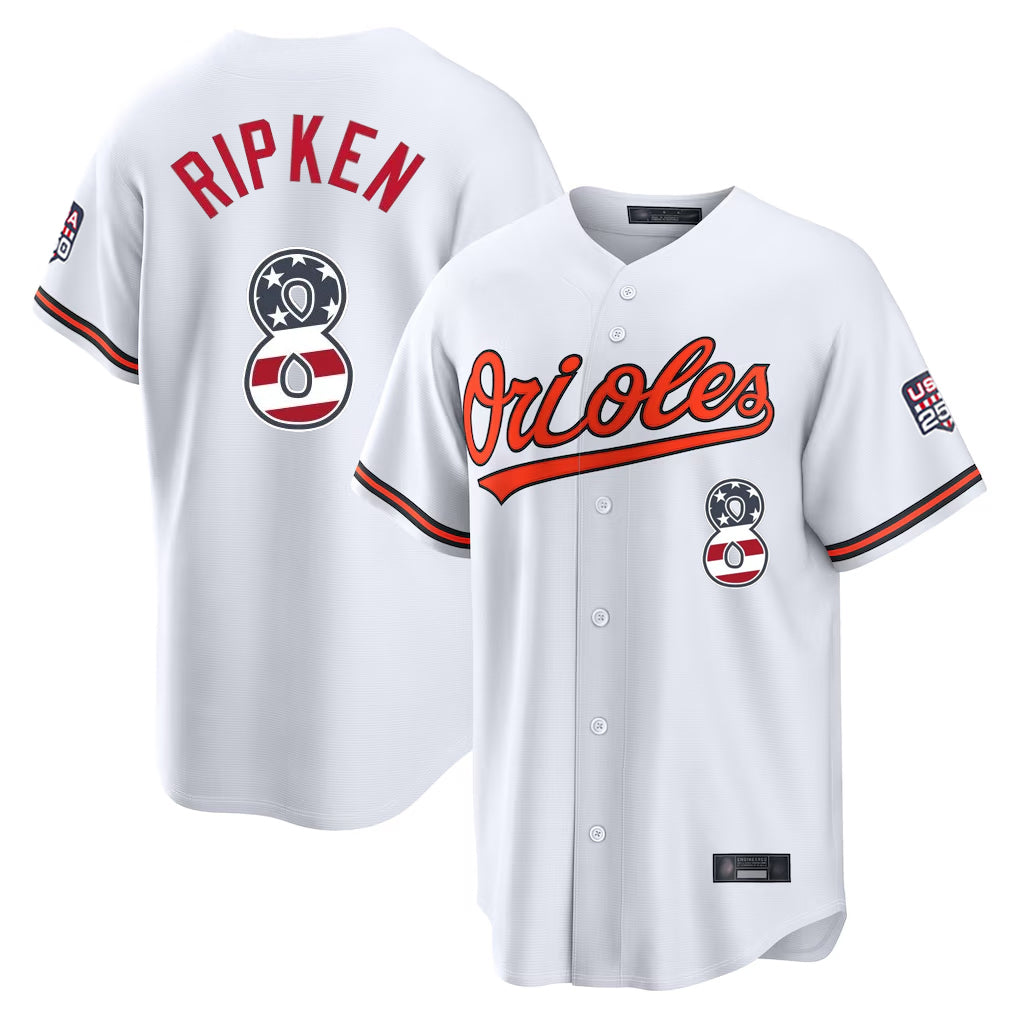 Baltimore Orioles #8 Cal Ripken Player White Fotopoulosg USA 250 Fourth of July Home Game Stitched Jerseys