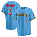 Milwaukee Brewers #2 Brice Turang USA 250 Fourth of July Road Stadium Jersey - Light Blue Fotopoulosg
