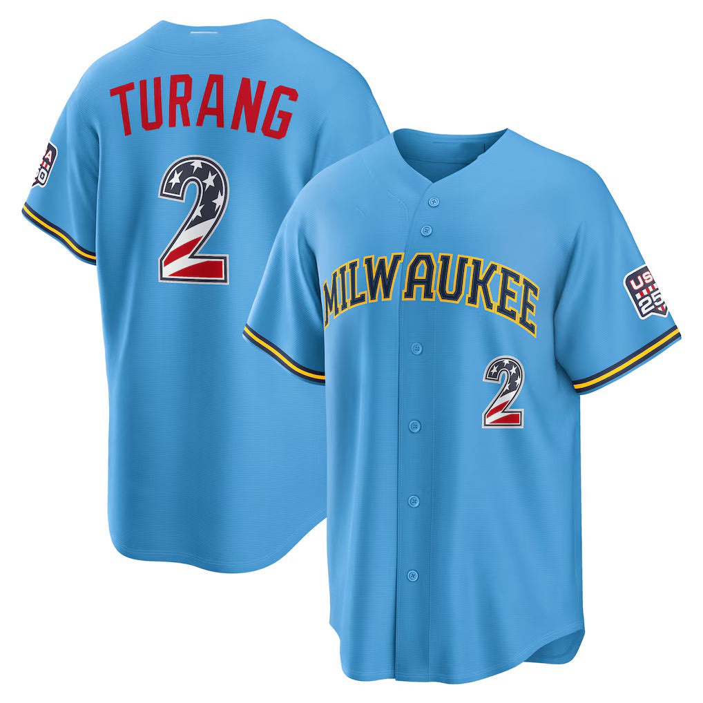 Milwaukee Brewers #2 Brice Turang USA 250 Fourth of July Road Stadium Jersey - Light Blue Fotopoulosg