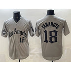 Los Angeles Dodgers #18 Yoshinobu Yamamoto Grey Fotopoulosg LA Gothic Style With 2025 World Series Champions Patch Limited Stitched Jersey