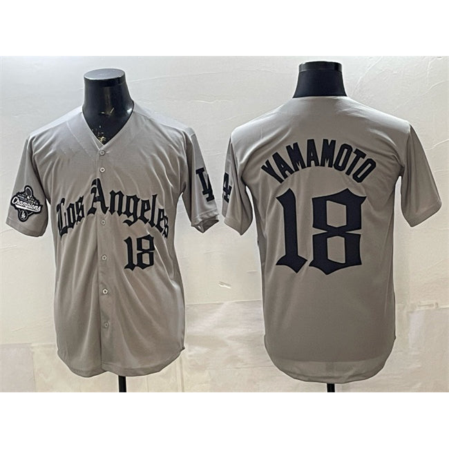 Los Angeles Dodgers #18 Yoshinobu Yamamoto Grey Fotopoulosg LA Gothic Style With 2025 World Series Champions Patch Limited Stitched Jersey