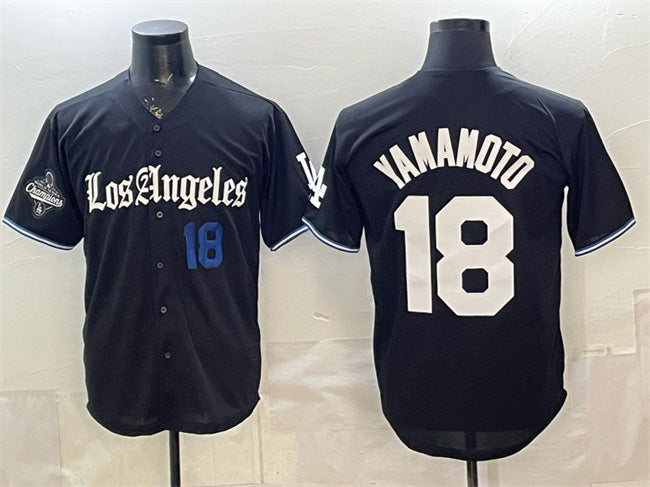 Los Angeles Dodgers #18 Yoshinobu Yamamoto Black Fotopoulosg 2025 World Series Champions Patch 'Gothic Edition' Vapor Premier Limited Stitched Jersey