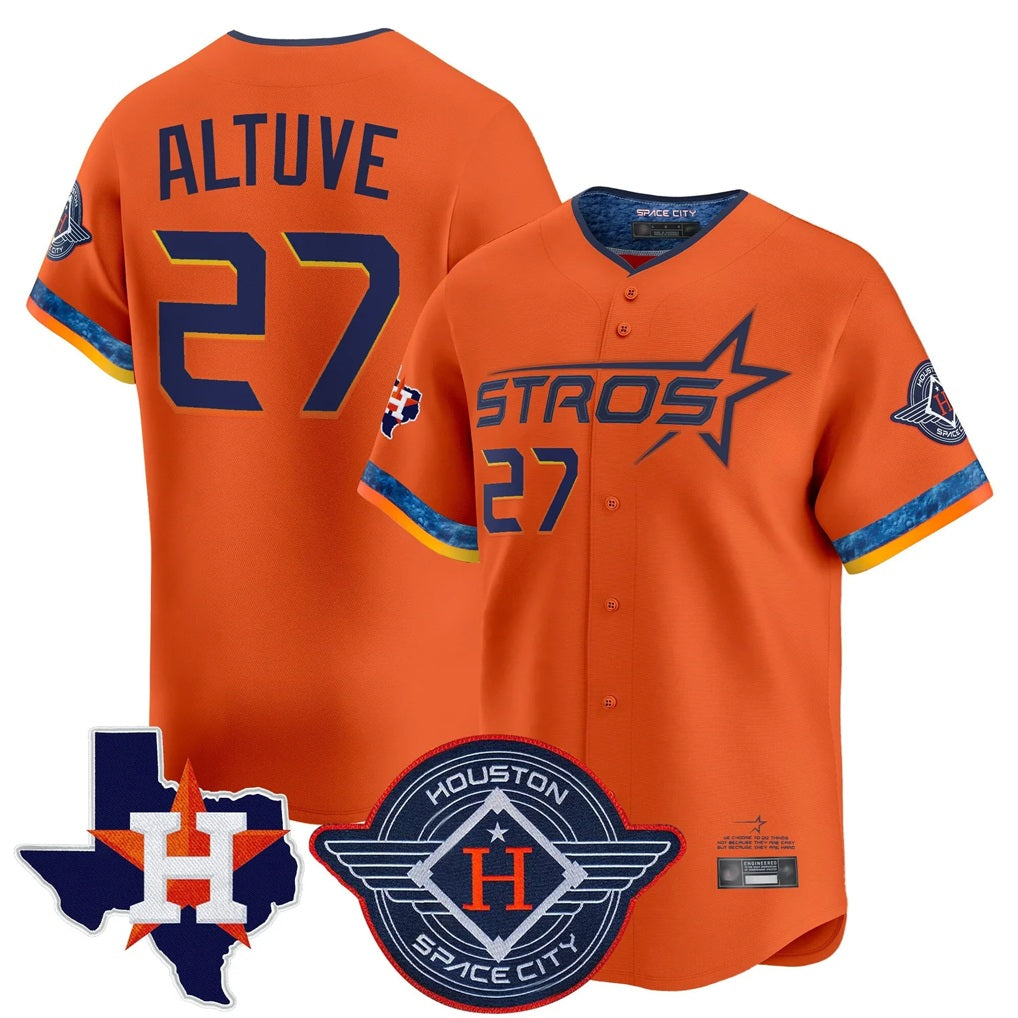 Houston Astros #27 Jose Altuve Player Orange Fotopoulosg City Connect Texas Patch Vapor Premier Limited Home Stitched Jerseys