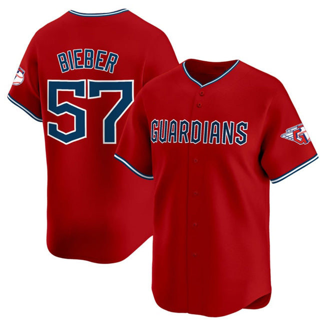 Cleveland Guardians #57 Shane Bieber Red Fotopoulosg Alternate Limited Stitched Jersey