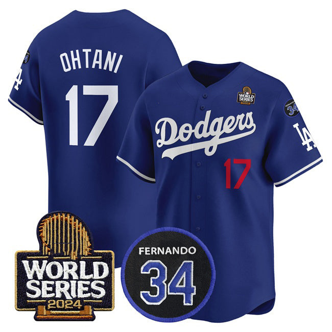 Los Angeles Dodgers #17 Shohei Ohtani Royal Fotopoulosg 2024 World Series With Fernando Memorial Patch Limited Stitched Jersey 2