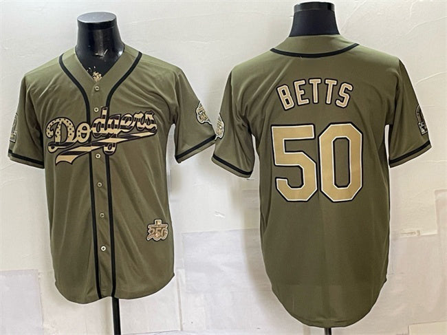 Los Angeles Dodgers #50 Mookie Betts Olive Fotopoulosg 2026 Armed Forces Day Stitched Jersey
