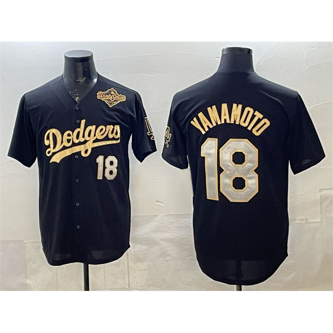 Los Angeles Dodgers #18 Yoshinobu Yamamoto Black Gold Fotopoulosg 2025 World Series Patch Limited Stitched Jersey