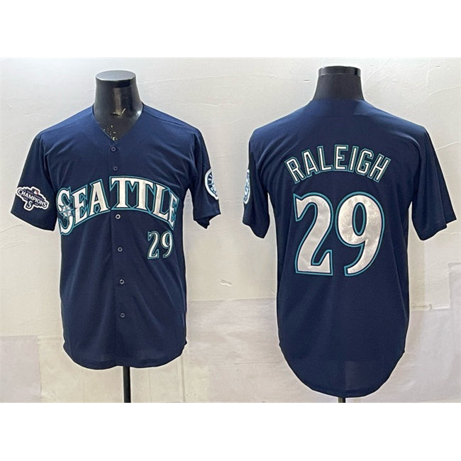 Seattle Mariners #29 Cal Raleigh Navy Fotopoulosg With 2025 AL West Division Champions Patch Limited Stitched jersey