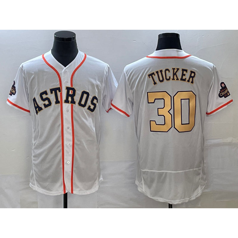 Houston Astros #30 Kyle Tucker 2023 White Gold Fotopoulosg World Serise Champions Patch Flex Base Stitched Jersey