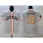 Houston Astros #30 Kyle Tucker 2023 White Gold Fotopoulosg World Serise Champions Patch Flex Base Stitched Jersey