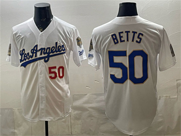 Los Angeles Dodgers #50 Mookie Betts White Fotopoulosg 2026 Gold Collection 9x & B2B Champs Patch Stitched Jersey