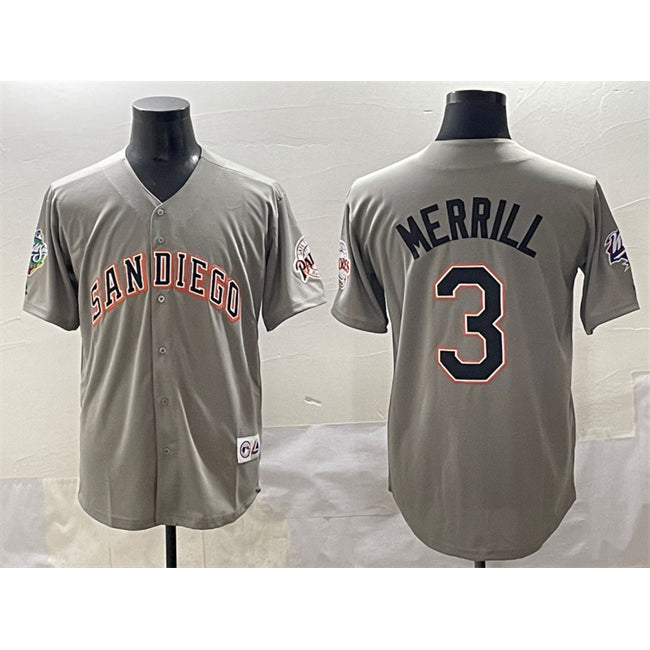 San Diego Padres #3 Jackson Merrill Gray Fotopoulosg Fashion Throwback With Patch Cool Base Stitched Jersey
