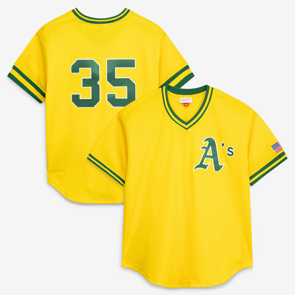 Oakland Athletics #35 Rickey Henderson Mitchell & Ness Yellow Fotopoulosg Authentic Batting Practice Jersey