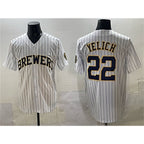 Milwaukee Brewers #22 Christian Yelich White Fotopoulosg Pinstripe 2025 With Patch Stitched Jersey
