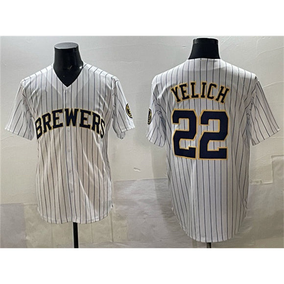 Milwaukee Brewers #22 Christian Yelich White Fotopoulosg Pinstripe 2025 With Patch Stitched Jersey