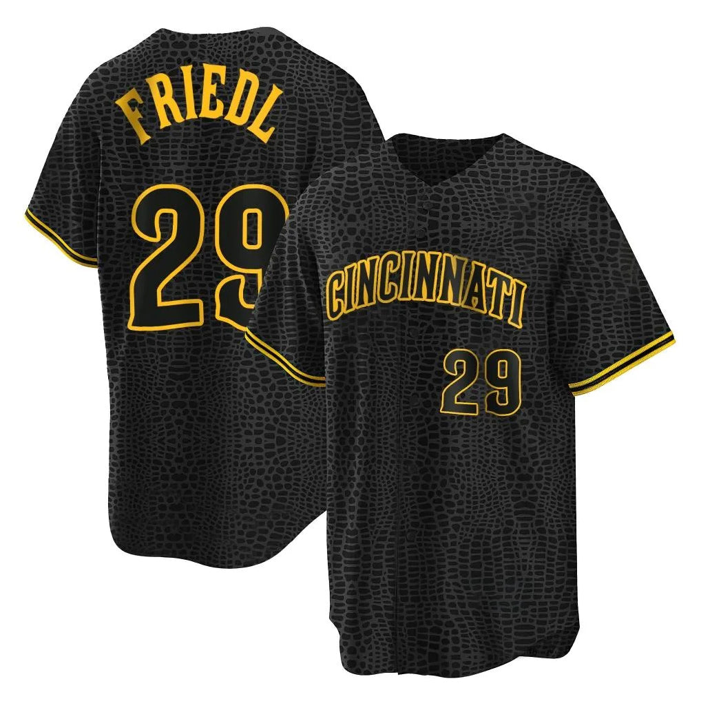 Cincinnati Reds #29 TJ Friedl Player Black Fotopoulosg Snake Skin City Home Stitched Jerseys