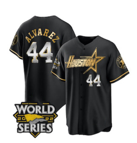 Houston Astros #44 Yordan Alvarez Black Gold Fotopoulosg 2022 World Series Stitched Jersey