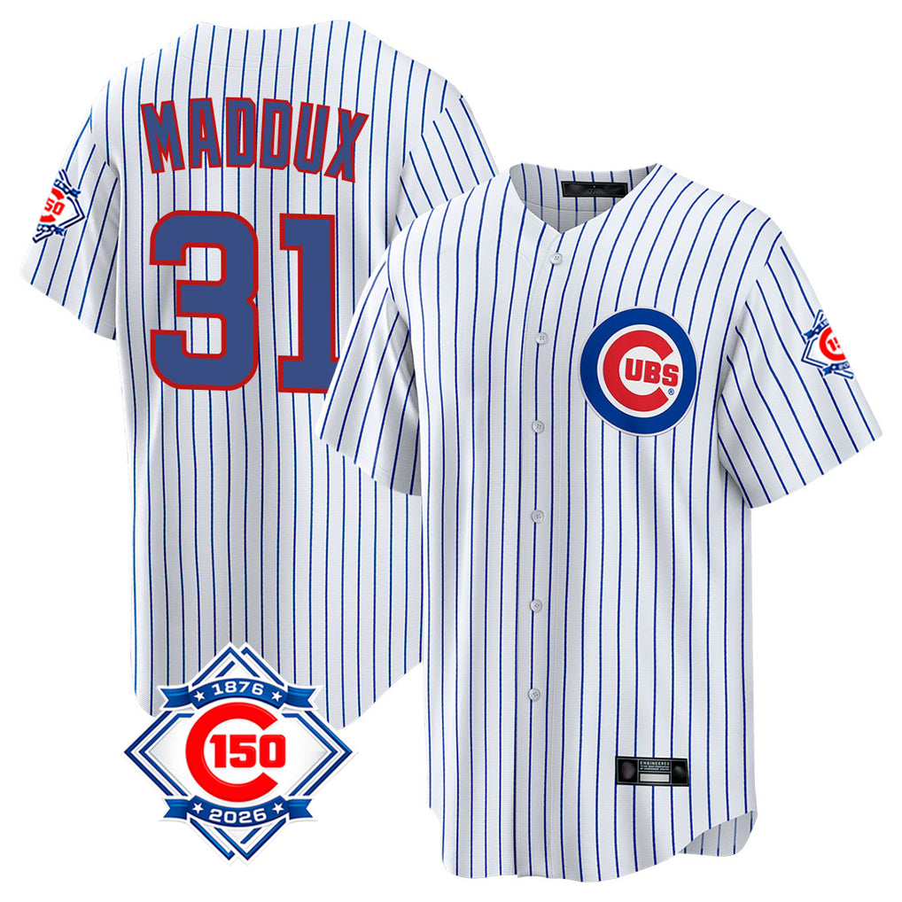 Chicago Cubs #31 Greg Maddux Player White Fotopoulosg 150th Anniversary Home Game Stitched Jerseys